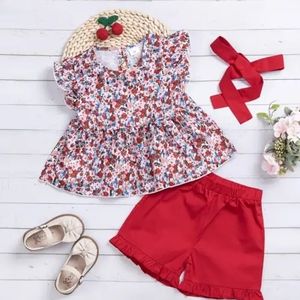 NWT Girls Matching Ruffle Short Set with Red Bow